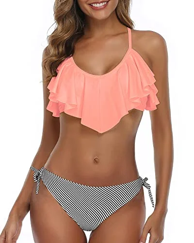 Luxury swim sets with shimmering fabric finish -Two Side Ties Women Cross Back Bathing Suit-Coral Pink Stripe