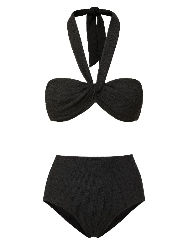 High-neck swim sets for elegant beach coverage -Loryn Top + Classic High Waist Bottom in Black Texture