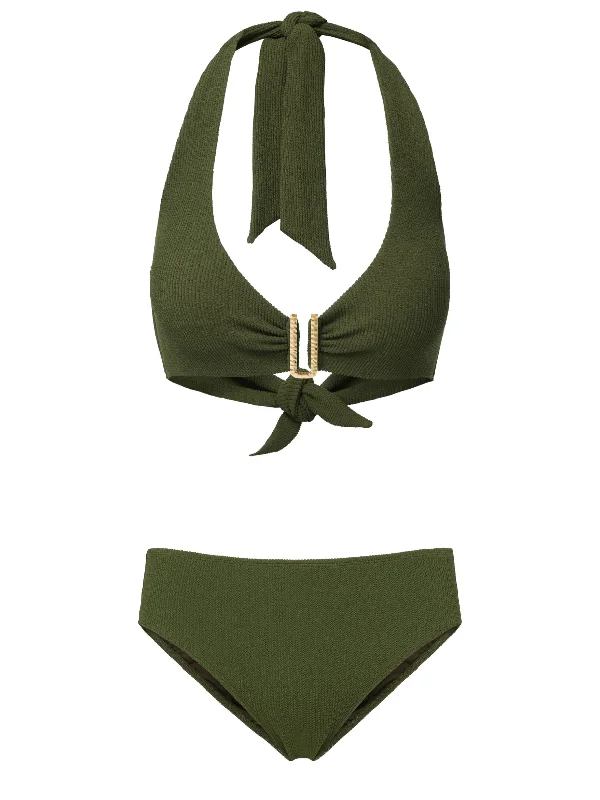 Ruffled halter swim sets for flirty appeal -Melissa Top + Classic Midrise Bottom in Olive Texture