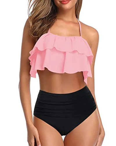 Vibrant floral swim sets for bold beach looks -Two Piece Halter Swimsuits High Waisted Bikini Set-Pink And Black