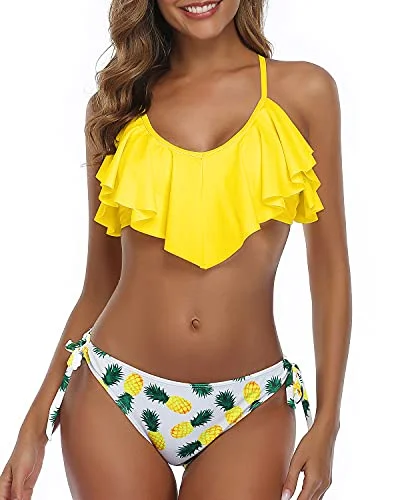 Tropical print swim sets for island flair -Two Piece Bikini Cross Back Ruffled Bikini For Women-Yellow Pineapple