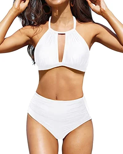 Sporty swim sets with breathable mesh panels -Sexy Two Piece Ruched Bikini High Waisted Bikini Swimsuit-White