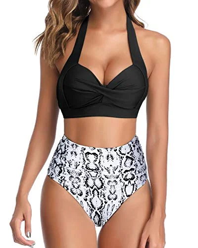 Cute bikini swim sets with tie-front detail -Vintage Swimsuit Halter Ruched Highwaist Bikini Bathing Suit-Black Snake