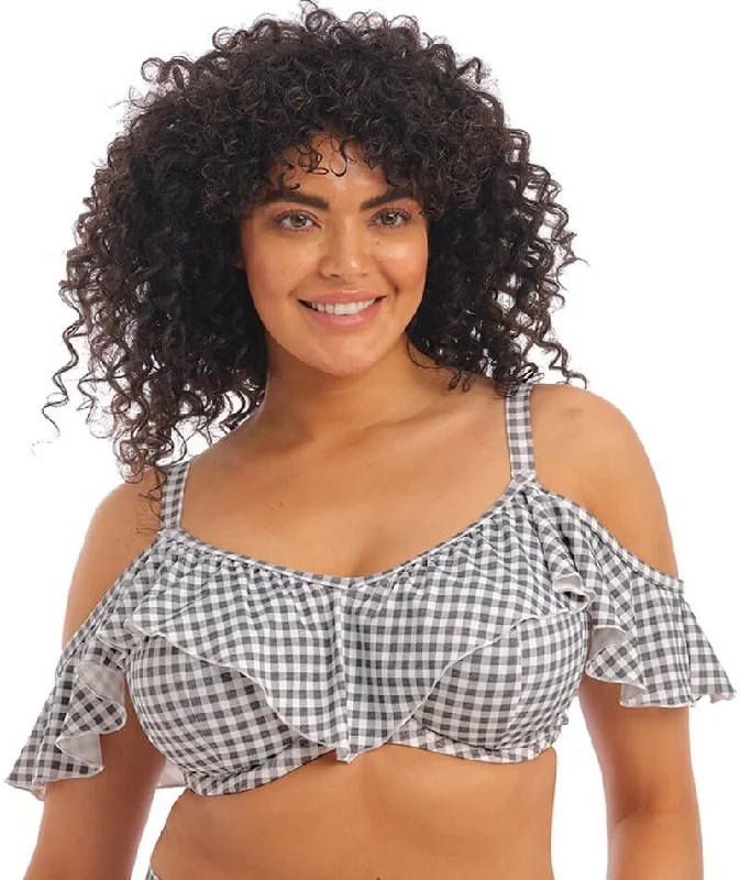 Sexy string bikini for women with thin straps and cheeky fit for bold look -Elomi Swim Checkmate Underwired Bikini Top - Grey Marl