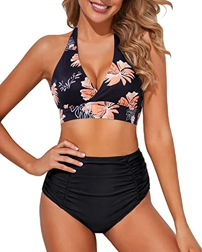 High-neck swim sets for modest chic coverage -Two Piece High Waisted Bikini Set Halter Tummy Control Bottoms Bathing Suits for Women