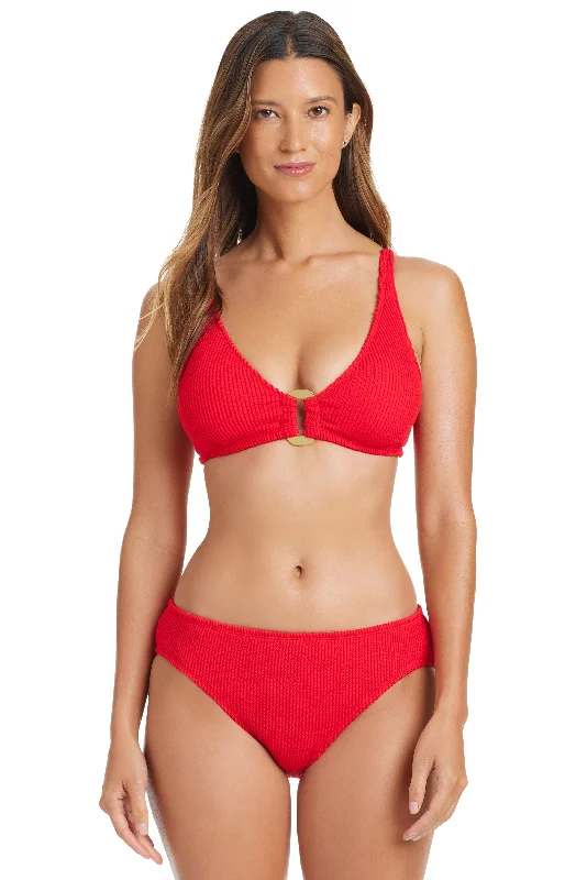 One-piece bikini for women with cutouts for a chic, modern twist on classic style -Pucker Up Over The Shoulder Bikini Top In Red - Bleu