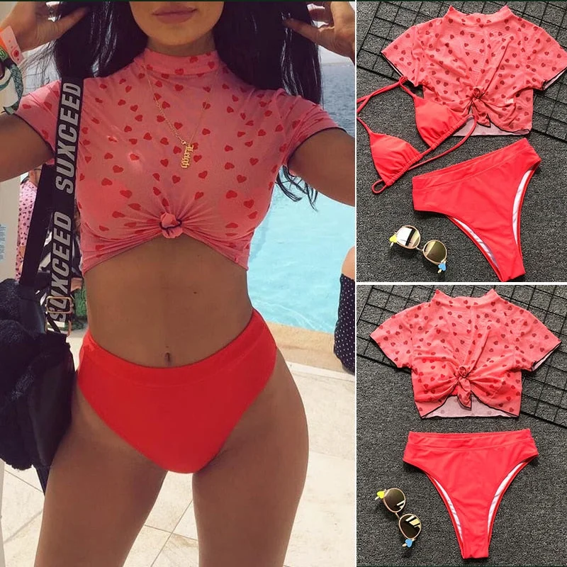 Supportive tankini swim sets for active pool days -In-X 3 piece swimsuit women Sexy High waist bikini 2020 push up swimwear women Bathing suit Summer beach wear Red print crop top