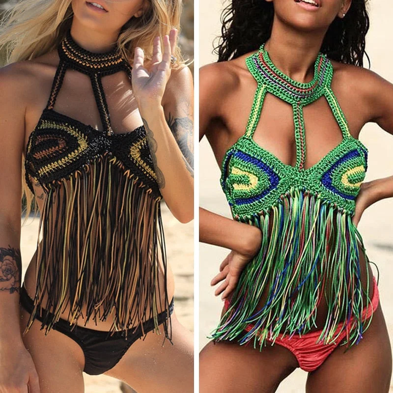 Designer swim sets for luxury swimwear elegance -2019 New Black Sexy Women Tassel Bikini Top Boho Beach Swimwear Crochet Fringe Bikini Bra Halter Camisoles Tank Swimsuit