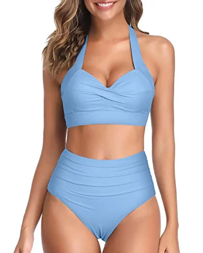 Floral bikini swim sets for feminine appeal -Adjustable Self-Tie Halter Neck Bikini Sets For Women-Light Blue