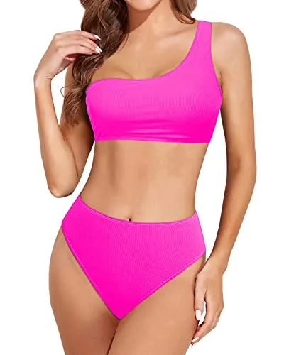 Padded high-neck swim sets for extra support -High Cut Two Piece Bikini One Shoulder For Women-Neon Pink