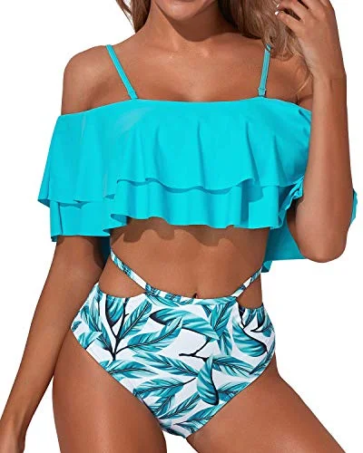 Ruffled bikini swim sets for flirty style -Fashionable Two Piece Bathing Suit For Women Tummy Control Bottoms-Light Blue Green Leaves