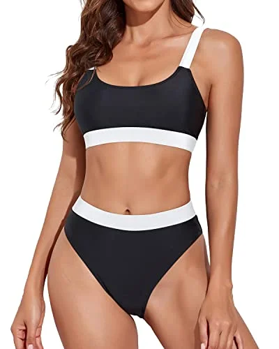 Stylish bikini swim sets for summer beach outings -Women Two Piece Bikini Swimsuits Bottoms High Rise Athletic Bikini-Black And White