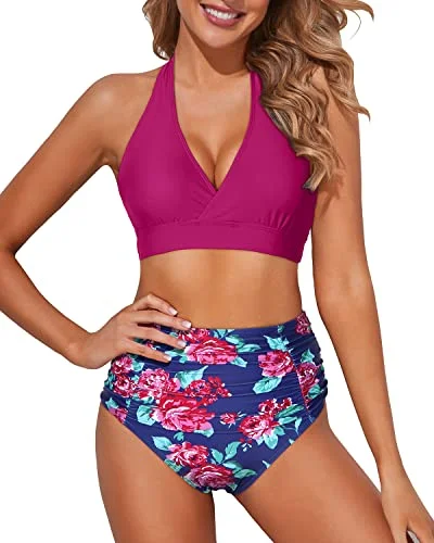 Ruffled swim sets with delicate lace trim -Halter Self-Tie Two Piece High Waisted Bikini Set-Pink Floral