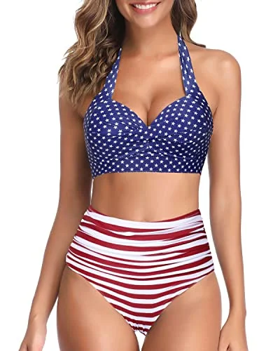 High-neck bikini swim sets for sleek coverage -Women's Retro Halter Ruched Vintage High Waisted Bikini-Flag