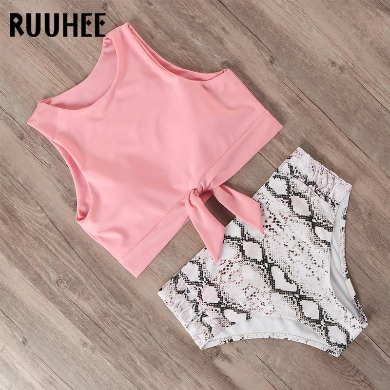 Tropical swim sets with bold leafy designs -RUUHEE Swimsuit Women Bikini 2020 mujer Swimwear High Waist Bikini Set Sport Tops Bathing Suit Women Padded Beach Wear Biquinis