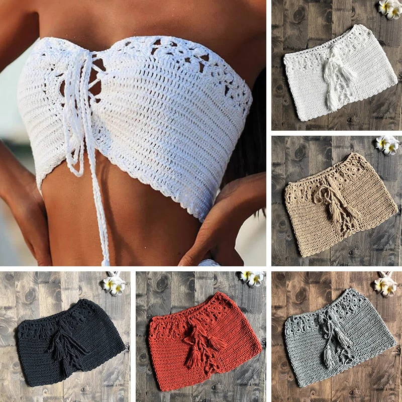 Cute bikini swim sets with tie-front detail -Summer Sexy Women Bikini Top Bandage Hollow-out Tassel Swimsuit With Sleeves Summer Crochet Top Swimwear 2020 Bikini