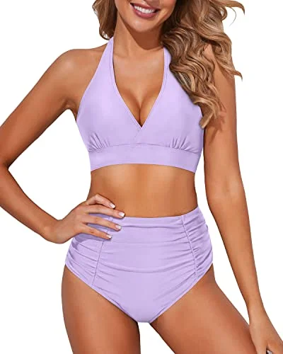 Retro swim sets for vintage-inspired beachwear -Two Piece Bikini Set Adjustable Buckles 2 Piece Bikini Bathing Suits-Light Purple