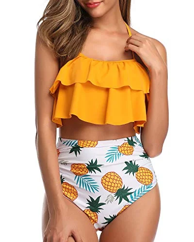 Soft swim sets with smooth fabric feel -Two Piece Cute Tummy Control High Waisted Bikini-Yellow Pineapple