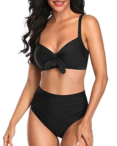 Designer high-neck swim sets for chic swimwear -Sexy Tummy Control Ruched Tie Knot Bathing Suits For Women High Waisted Bikini Set-Black