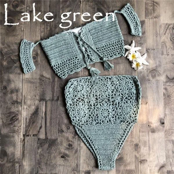 Supportive swim sets with sturdy underwire support -Crochet Bandeau Bikini Set