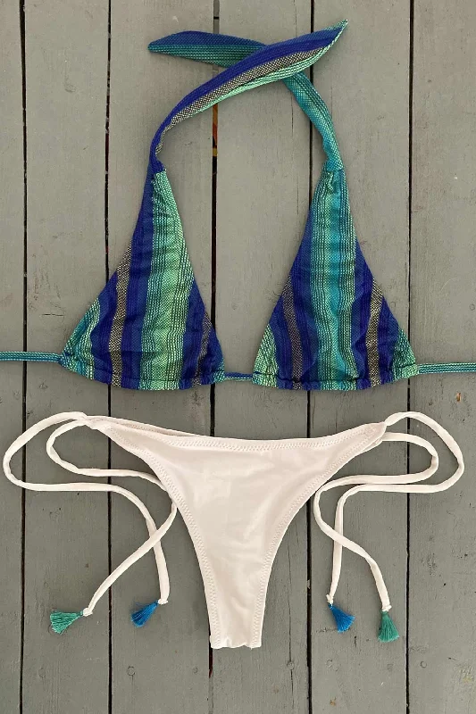 Affordable bikini swim sets for summer joy -Green and Blue Striped Halter Bikini Top