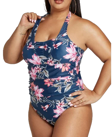 High-neck bikini swim sets for sleek coverage -Plus Size Flower Bikini One Piece Bikini Swimwear