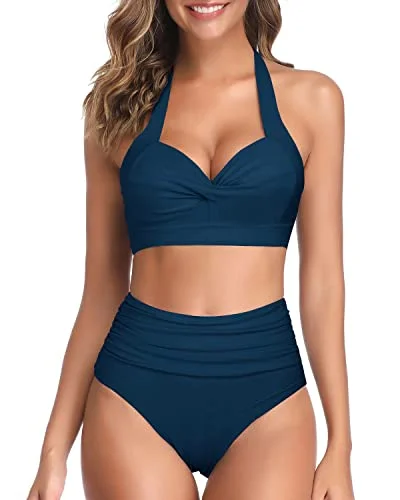 Adjustable tankini swim sets for easy fit -Two Piece Self-Tie Halter Neck Pleated Front Panel Push Up Bikini-Teal