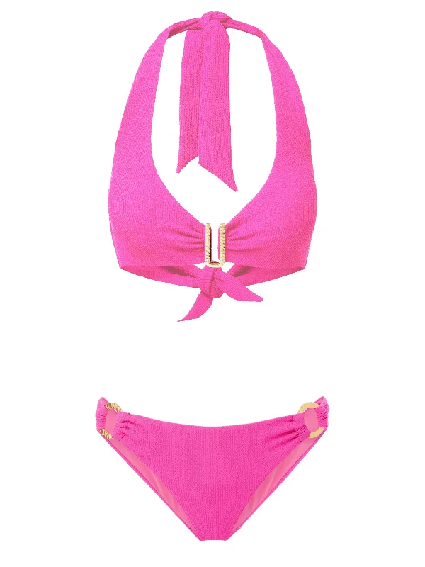 Affordable swim sets for budget-friendly vacation style -Melissa Top + Ring Trim Bottom in Shocking Pink Texture