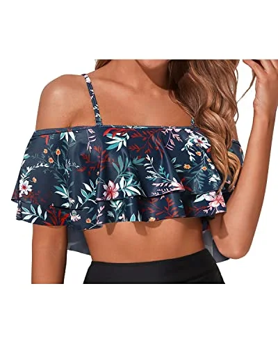 High-neck bikini swim sets for sleek coverage -Women's Off Shoulder Ruffle Bikini Tops Flounce Swimwear Tops