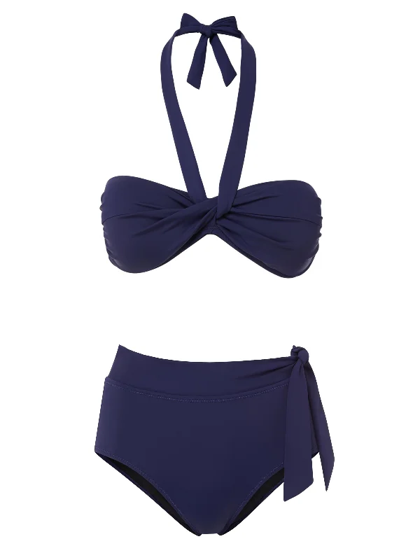 Retro swim sets with polka dot charm -Loryn Top + Side Tie High Waist Bottom in Navy Satin