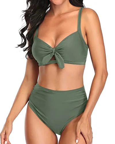 Durable swim sets for frequent pool use -Women's High Waisted Bikini Set Tummy Control Ruched Tie Knot-Army Green