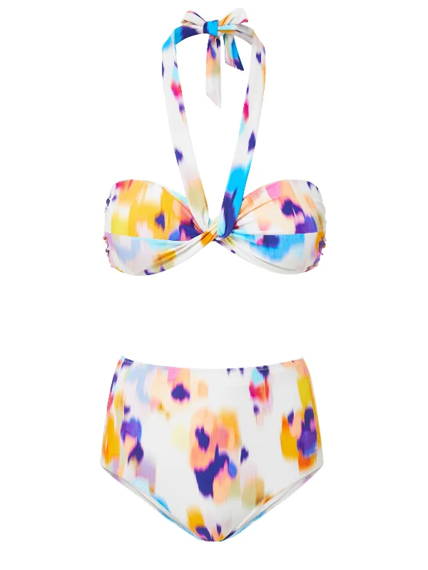 Cute high-neck swim sets for modern modesty -Loryn Top + Classic High Waist in Floral Ikat