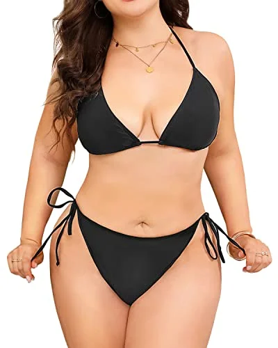 Retro swim sets with polka dot charm -2 Piece Plus Size Triangle Bikini Halter Tie Side for Women-Black