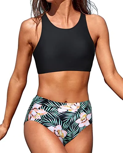 High-neck tankini swim sets for sleek looks -Women Adjustable Strap Removable Padded Bra Bikini Set-Black Floral