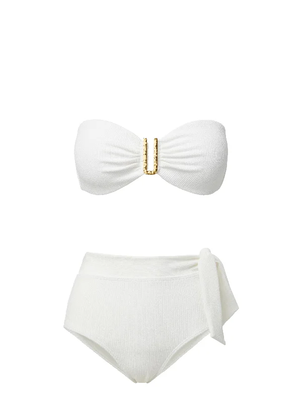 Padded bikini swim sets for added support -Cindy Top + Side Tie High Waist Bottom in Ivory Texture