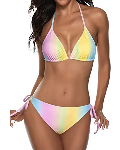 Supportive swim sets with sturdy underwire support -Two Piece Halter Padded Top Tie Side Bottom Bikini Bathing Suit 2 Piece Bikini Sets-Color Stripes