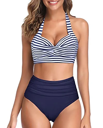 Bright neon swim sets for eye-catching style -Two Piece Halter Ruched Highwaist Bikini Bathing Suit-Blue White Stripe