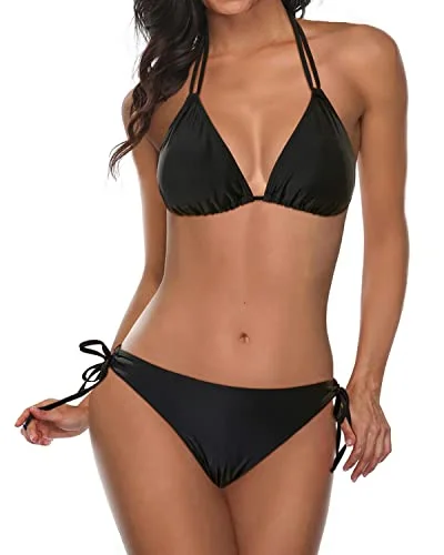 Affordable swim sets with trendy cutout designs -Women Two Piece Halter Padded Top Tie Side Bottom Triangle Bikini