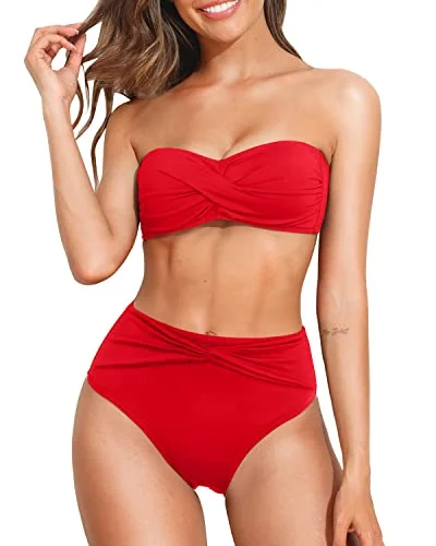 Lightweight swim sets for quick-drying swim comfort -High Waisted Strapless Bikini Set Twist Bandeau Two Piece Swimsuit for Women