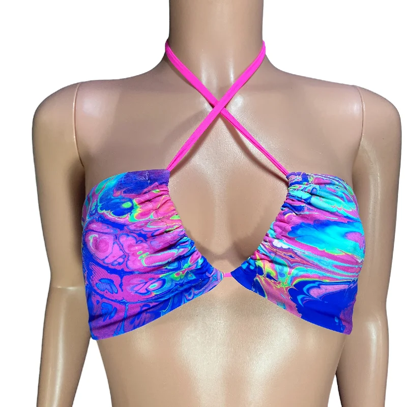 Bright bikini for women with neon colors and bold hues for summer fun -Rainbow Vapor Freedom X-String Rave Bikini Top