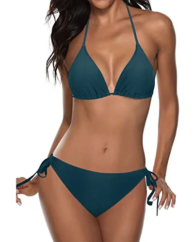 Tropical bikini swim sets with palm prints -Two Piece Halter Tie Side Bottom Triangle Push Up Bikini-Teal