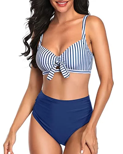 Retro tankini swim sets for nostalgic flair -2 Piece Stylish Keyhole Women High Waisted Bikini Set-Blue White Stripe