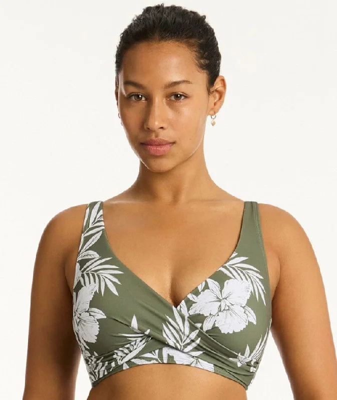 High-waisted bikini for women with scalloped edges for a feminine touch -Sea Level Aloha Cross Front A-DD Cup Bikini Top - Khaki