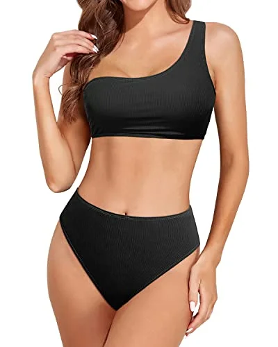 Strapless tankini swim sets for even tanning -Women's One Shoulder High Waisted High Cut Bikini Set-Black