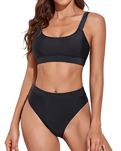 Supportive high-neck swim sets for active days -2 Piece Adjustable Shoulder Straps High Waisted Bikini Swimsuits-Black