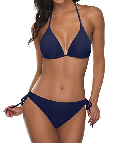 Ruffled halter swim sets for flirty appeal -2 Piece Summer Beach Ready Bikini Sets For Women-Navy Blue