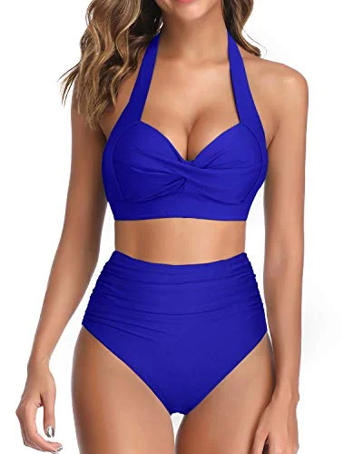 Bright swim sets for standout beach flair -Retro Halter Ruched High Waist Bikini High Cut-Royal Blue