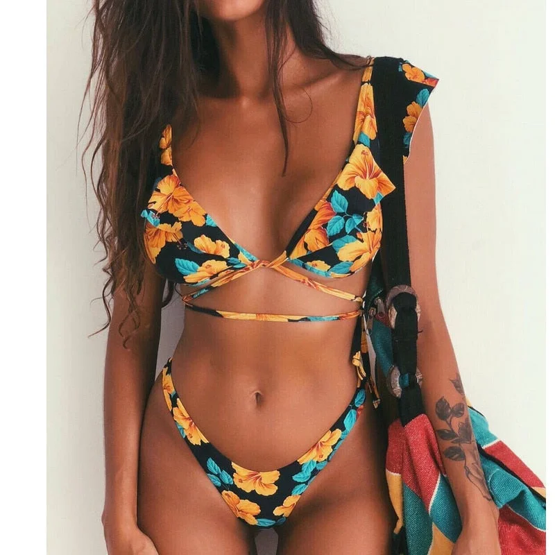 Affordable swim sets for budget-friendly vacation style -Women Bandeau Bikini Sets Push Up Bra Tops Thong Bottoms Swimwear Swimsuit Set Bandage Ruffles lace Up Floral Print