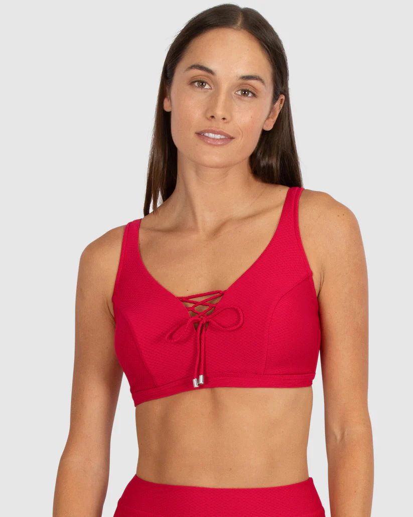 Elegant bikini for women with lace trim and delicate details for sophisticated beachwear -Rococco Lace Up Bikini Top In Cherry - Baku