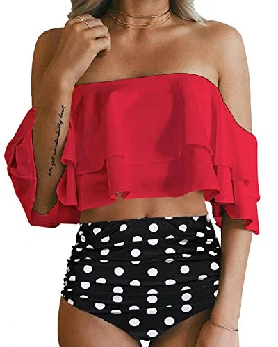 Neon tankini swim sets for vibrant energy -Sexy High Waisted Ruched Two Piece Bikini Set Swimsuit-Red Dot